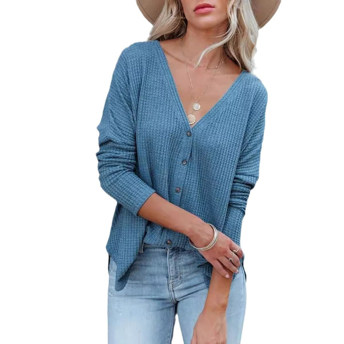 Long Sleeve Button Loose Top T-shirt