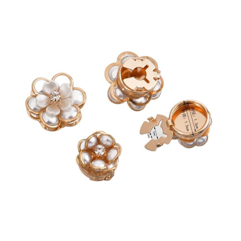 Creative Pearl Camellia Alloy Scarf Buckle set featuring elegant flower designs with faux pearls and rhinestones.