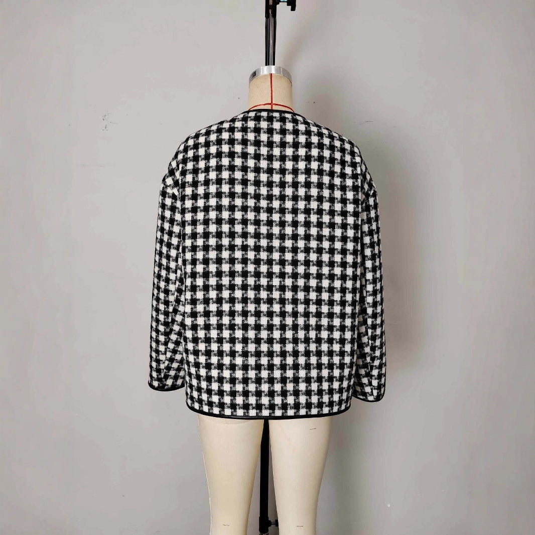 Metal Buckle Decorative Round Neck Hemming Shorts Jacket