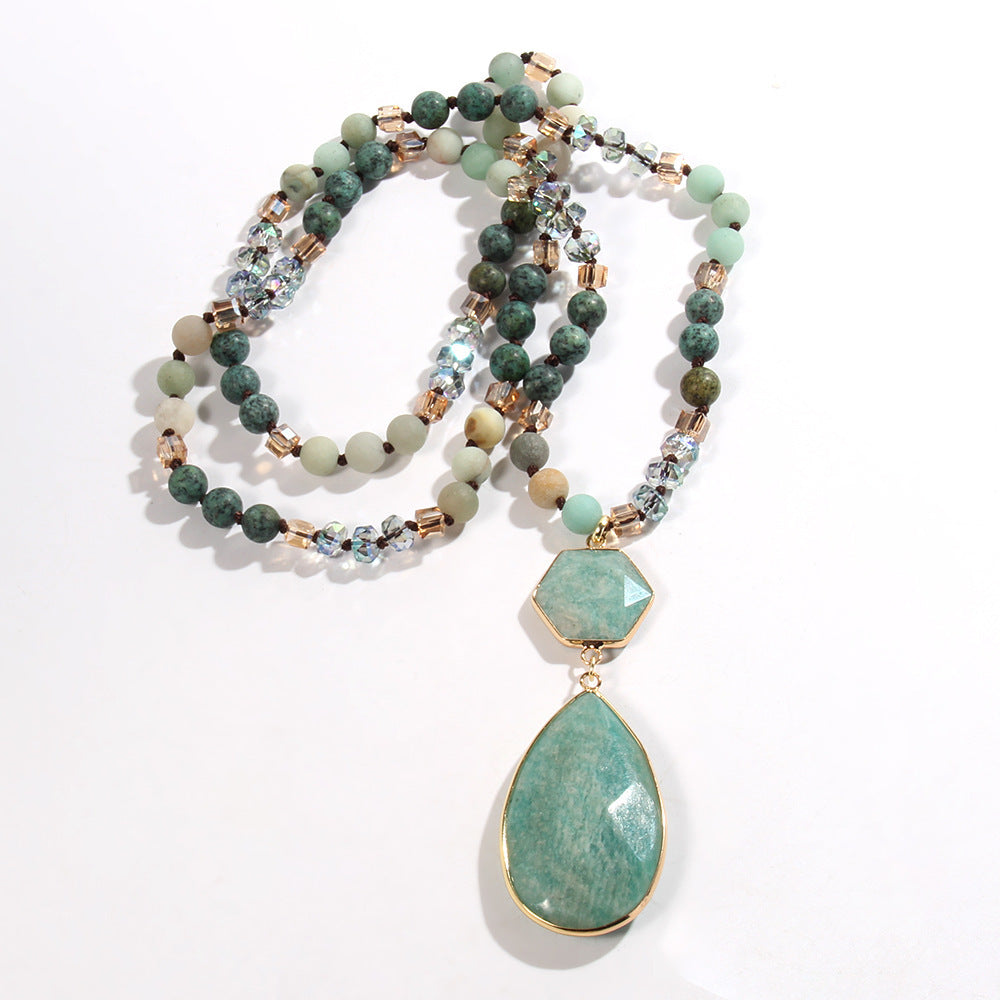 Natural Stone Glass Knotted Necklace Hexagonal Water Drop Stone Pendant Necklace