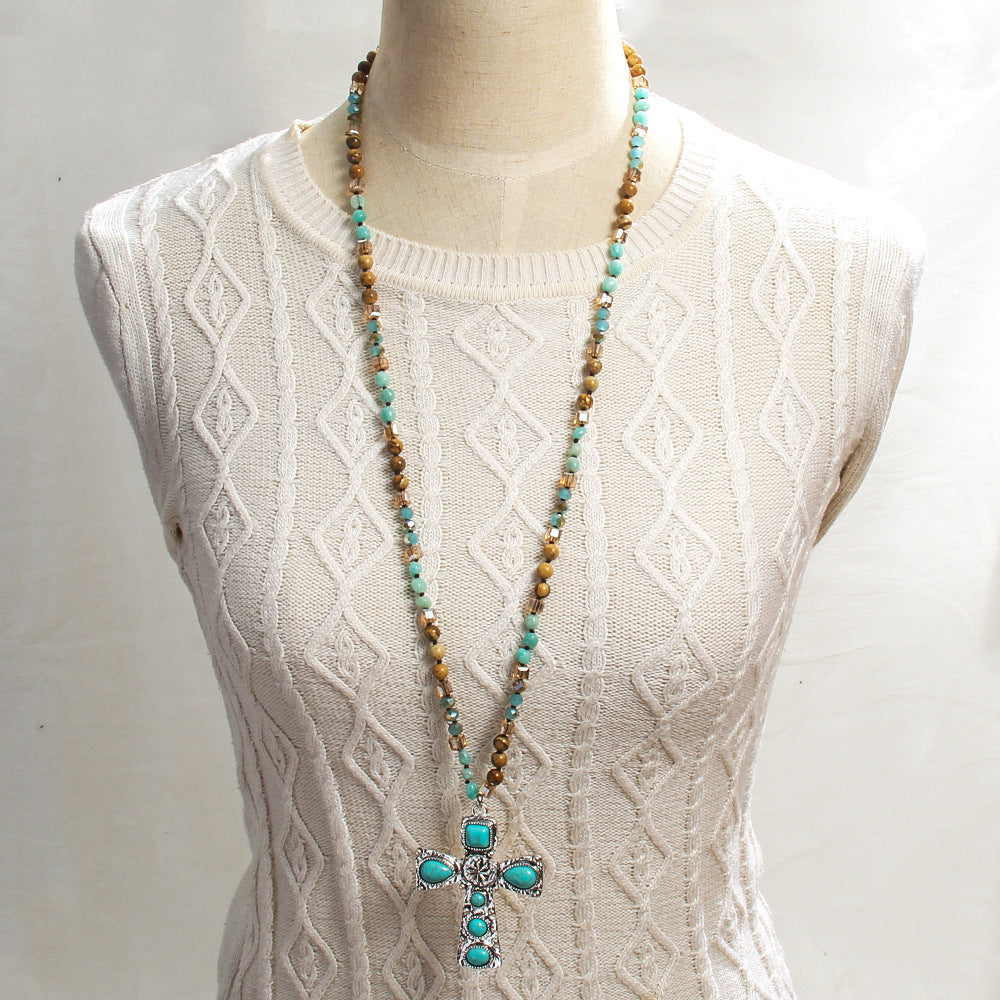 Cross Natural Stone Glass Knotted Necklace Personalized Trendy Sweater Chain