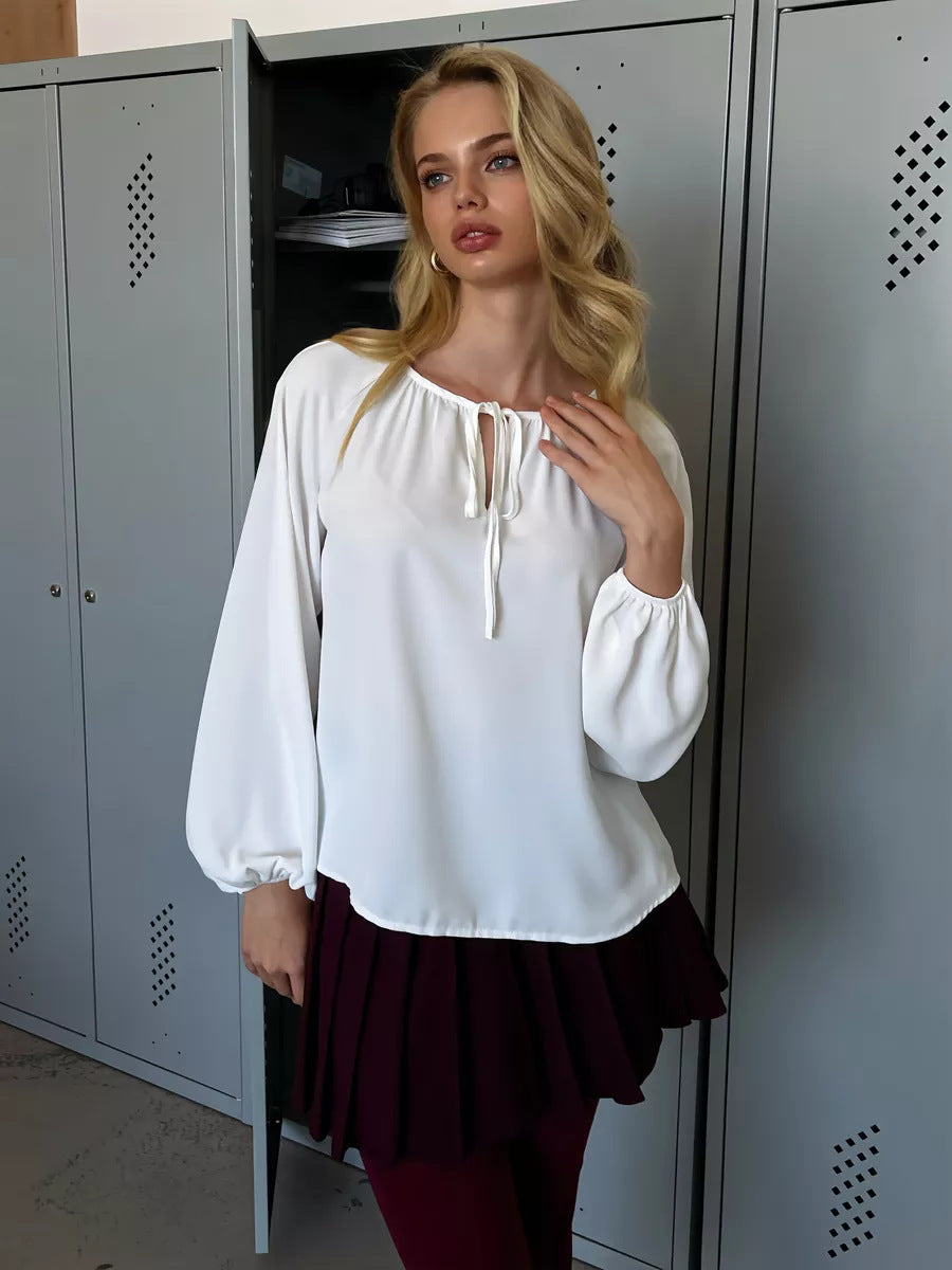 Lace-up Crew Neck Shirt Long Sleeve Simple And Stylish