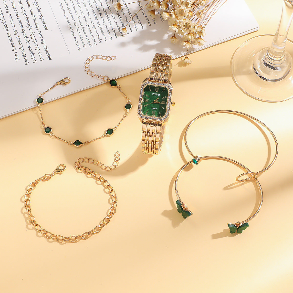 Wild Emerald Square Steel Watch Gift Set 5pcs