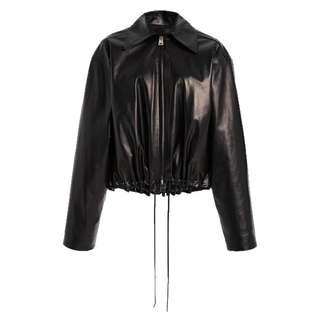 Fashionable Polo Collar Glossy Leather Loose Design Fashionable Coat