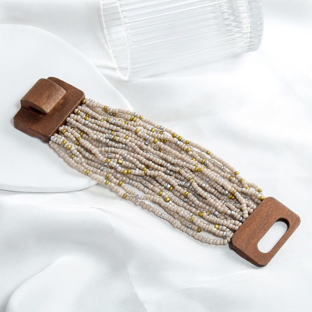 Elastic Multi-layer Rice-shaped Stringed Beads Wide Bracelet