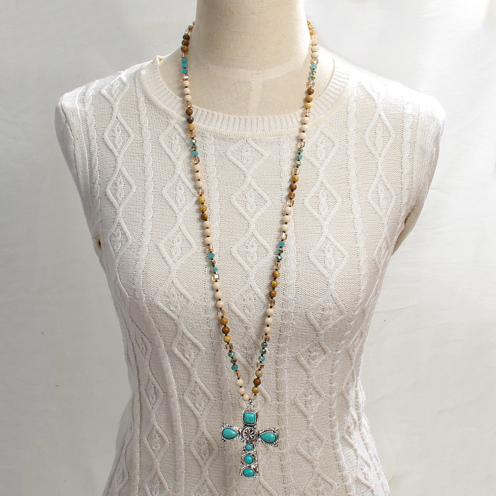 Cross Natural Stone Glass Knotted Necklace Personalized Trendy Sweater Chain