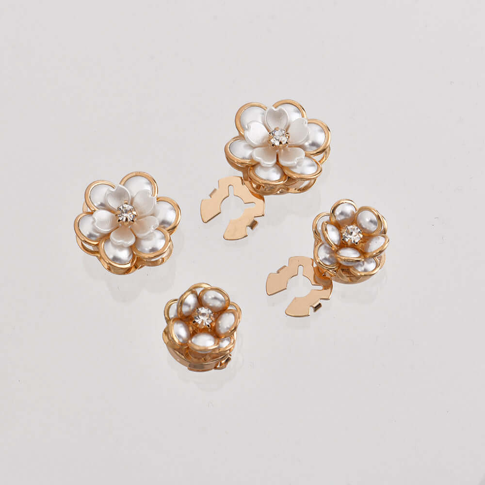 Creative Pearl Camellia Alloy Scarf Buckle set featuring elegant flower designs with faux pearls and rhinestones.