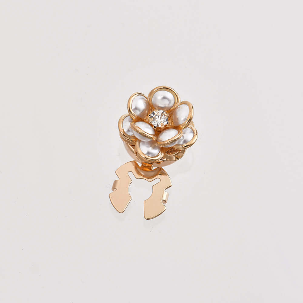 Creative Pearl Camellia Alloy Scarf Buckle set featuring elegant flower designs with faux pearls and rhinestones.