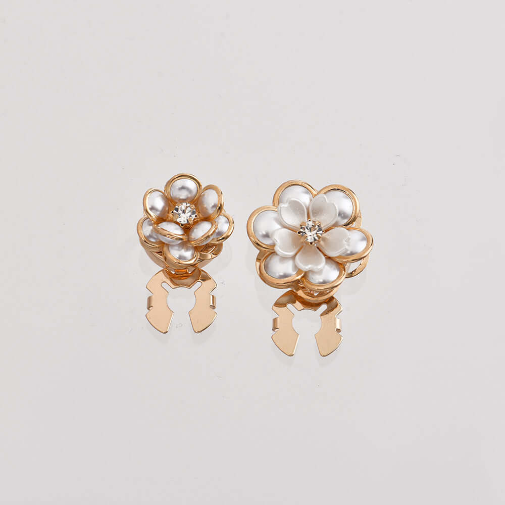Creative Pearl Camellia Alloy Scarf Buckle set featuring elegant flower designs with faux pearls and rhinestones.