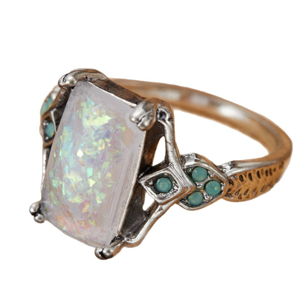 Rectangular White Opal Ancient Silver Ring Ornament