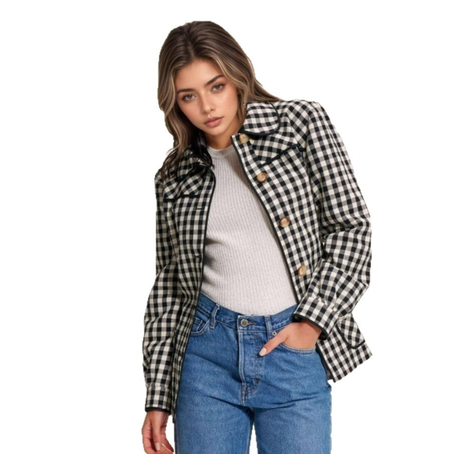Fashion Women's Wear Plaid Button Long Sleeve Coat