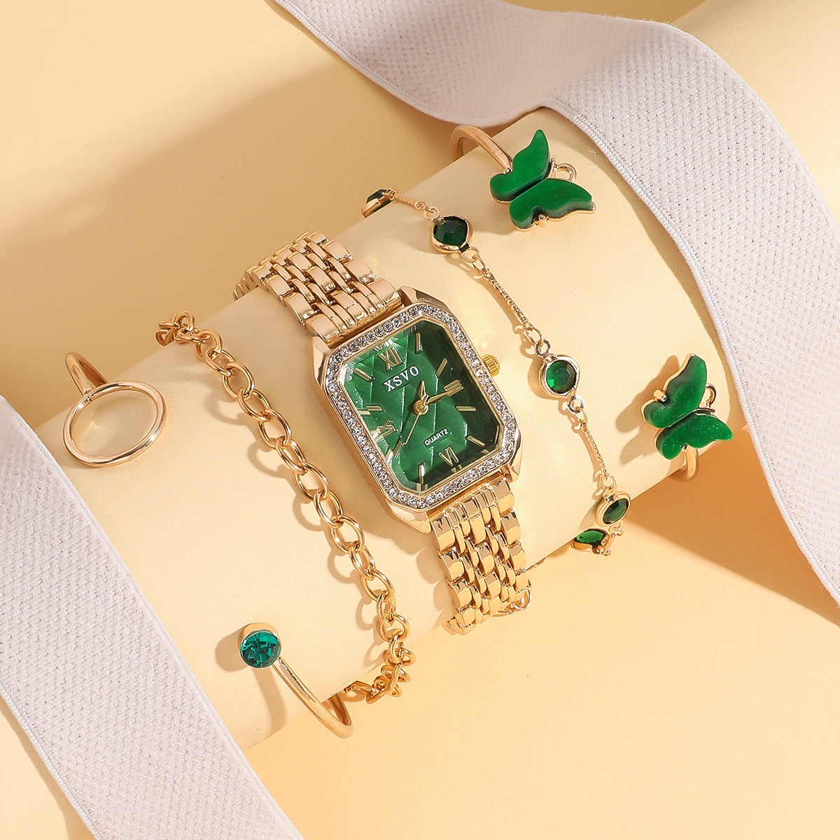 Wild Emerald Square Steel Watch Gift Set 5pcs