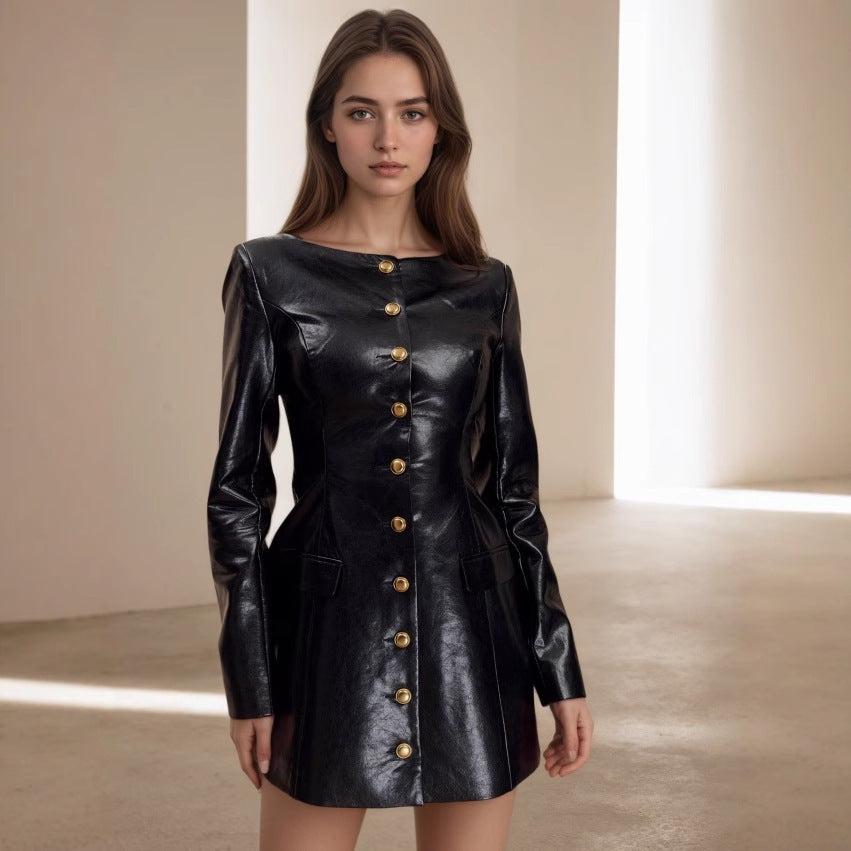 Elegant Fashionable Round Neck Long Sleeve Metal Button Waist Leather Coat