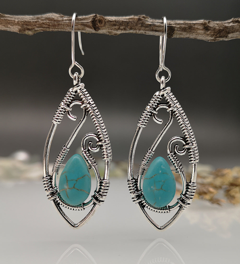 Creative Lapis Retro Silver String Winding Turquoise Earrings