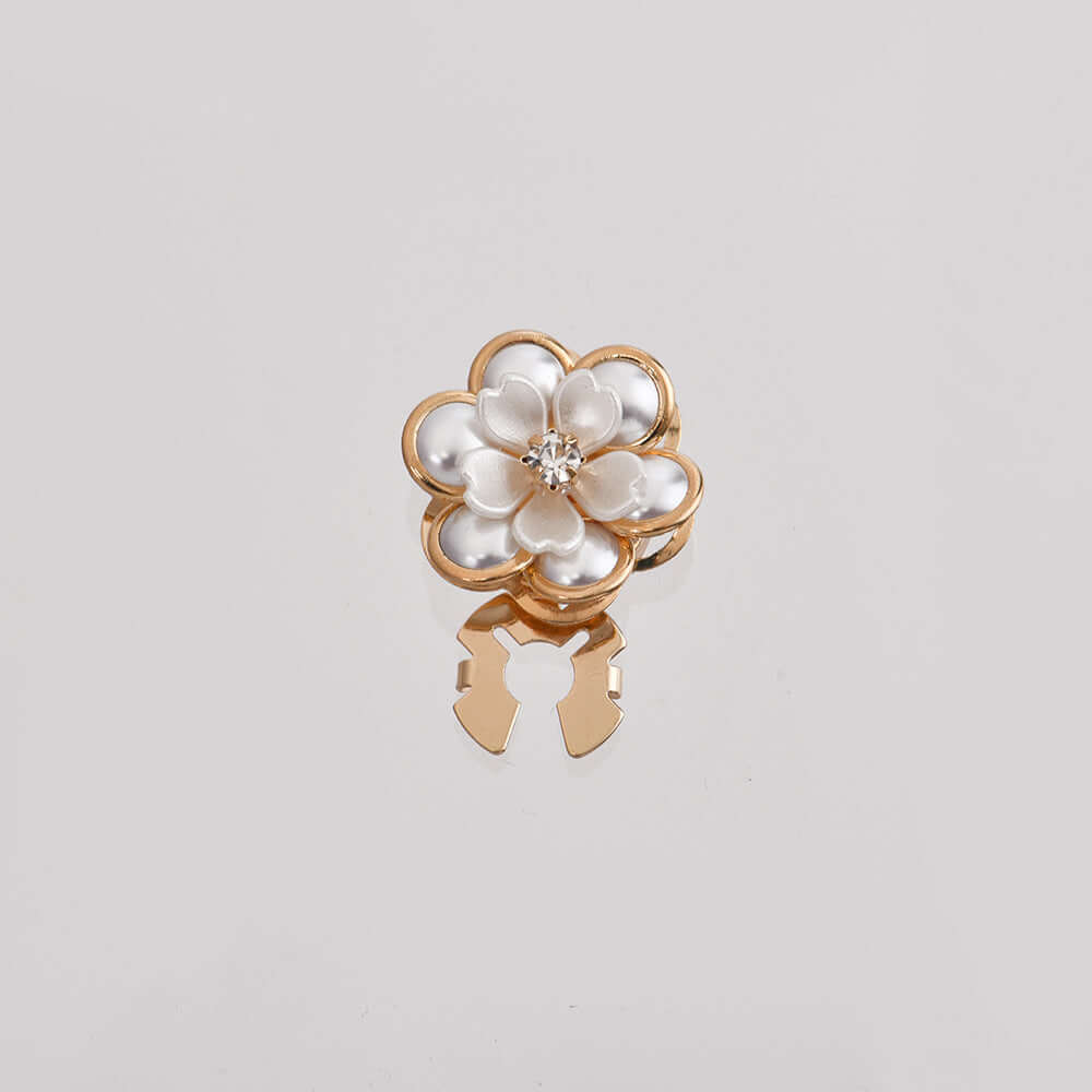 Creative Pearl Camellia Alloy Scarf Buckle set featuring elegant flower designs with faux pearls and rhinestones.