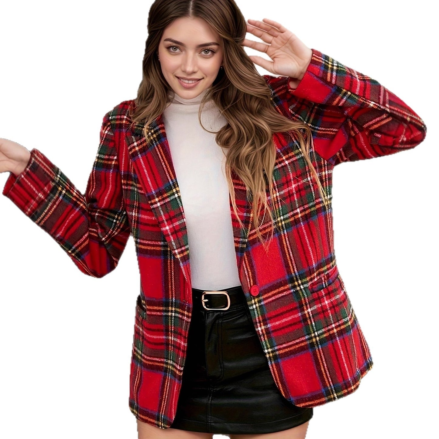 Autumn And Winter Christmas Red Plaid Long Sleeve Suit Coat