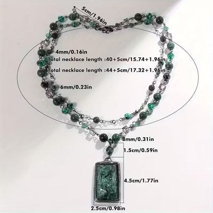 Natural Stone Glass Curved Needle Gun Black Chain 2-layer Necklace Square Cut Stone