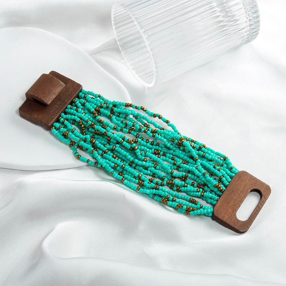 Elastic Multi-layer Rice-shaped Stringed Beads Wide Bracelet
