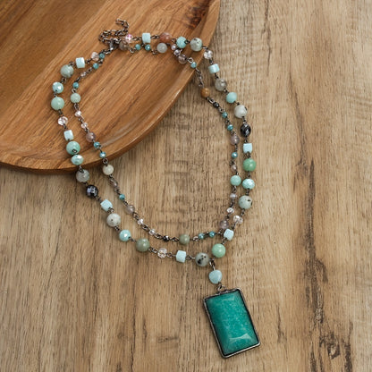 Natural Stone Glass Curved Needle Gun Black Chain 2-layer Necklace Square Cut Stone