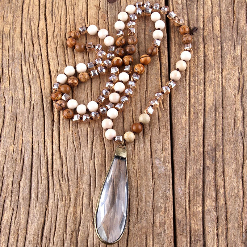 Glass Knotted Necklace Glass Water Drop Pendant Sweater Chain