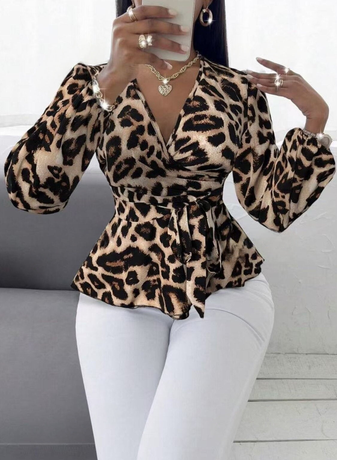 Europe And America Cross Border Shirt Leopard Print V-neck Top