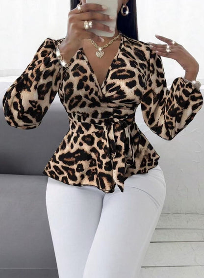 Europe And America Cross Border Shirt Leopard Print V-neck Top