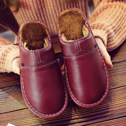 Pure Leather Thermal Cotton Slippers Couple Household Cowhide Waterproof