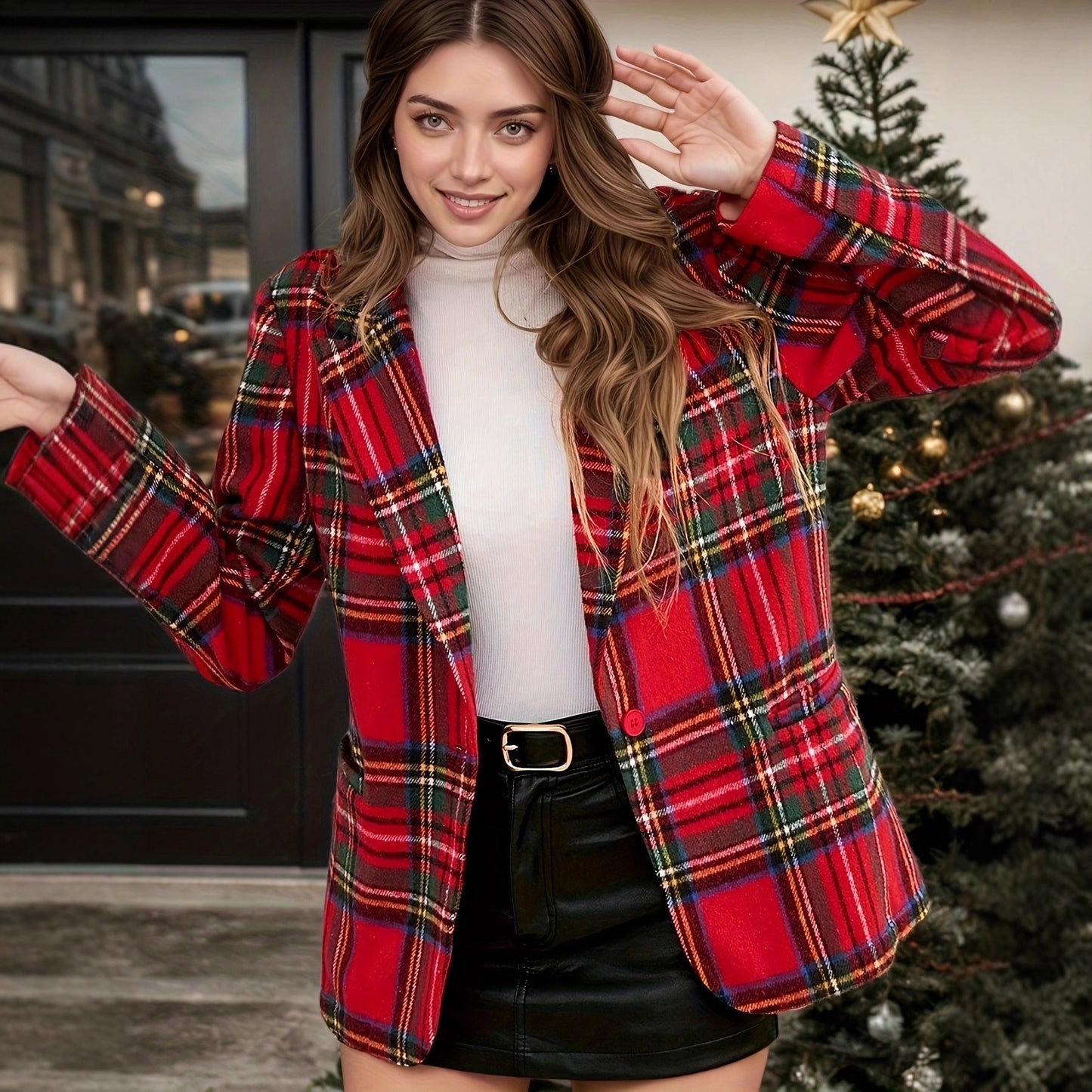 Autumn And Winter Christmas Red Plaid Long Sleeve Suit Coat