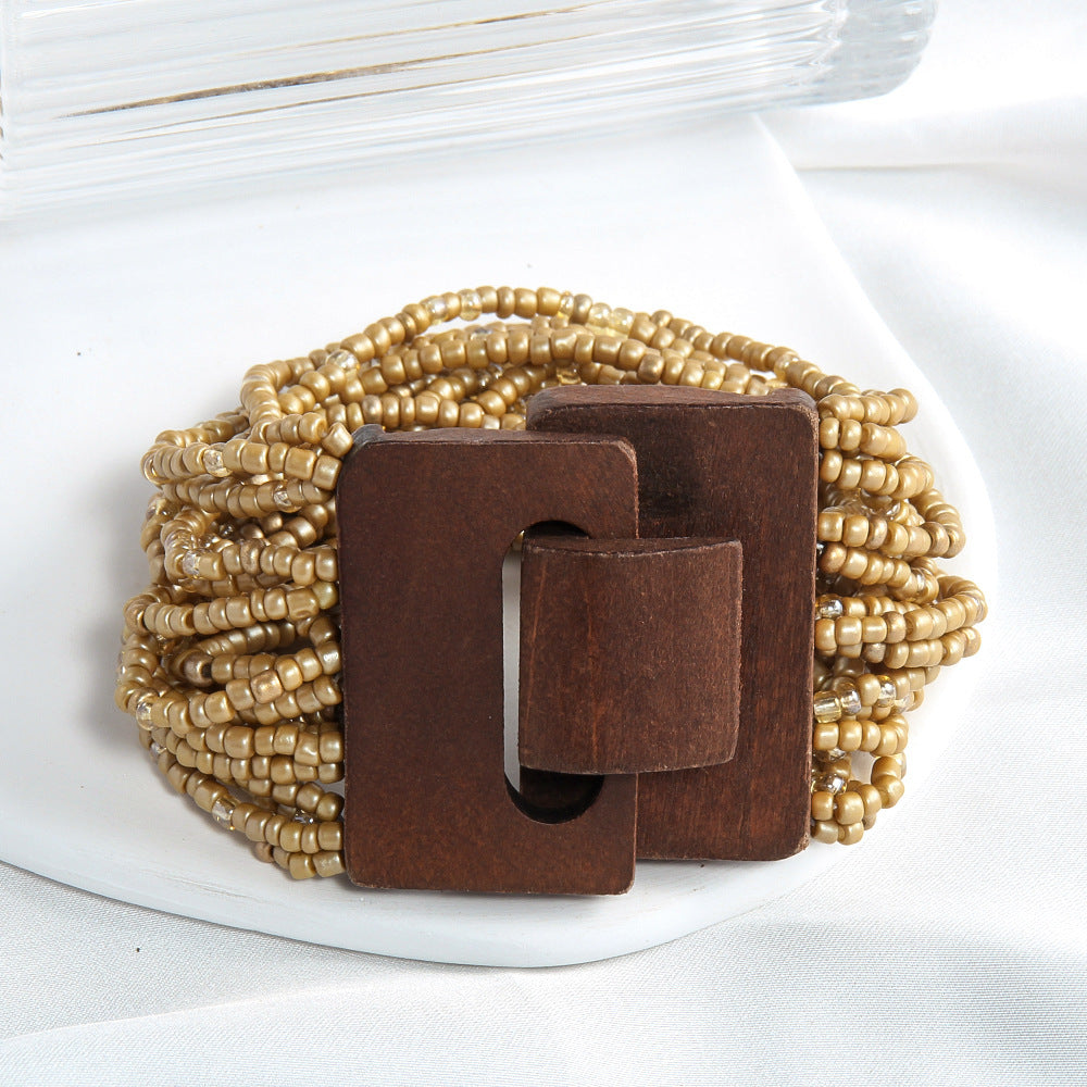 Elastic Multi-layer Rice-shaped Stringed Beads Wide Bracelet