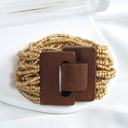Elastic Multi-layer Rice-shaped Stringed Beads Wide Bracelet