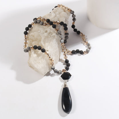 Natural Stone Glass Knotted Necklace Hexagonal Water Drop Stone Pendant Necklace
