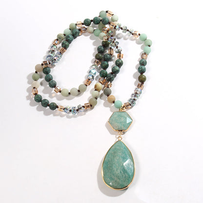 Natural Stone Glass Knotted Necklace Hexagonal Water Drop Stone Pendant Necklace
