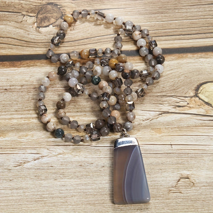 Bohemian Style Natural Semi-precious Stone Mixed Glass Square Agate Pendant Women's Sweater Chain