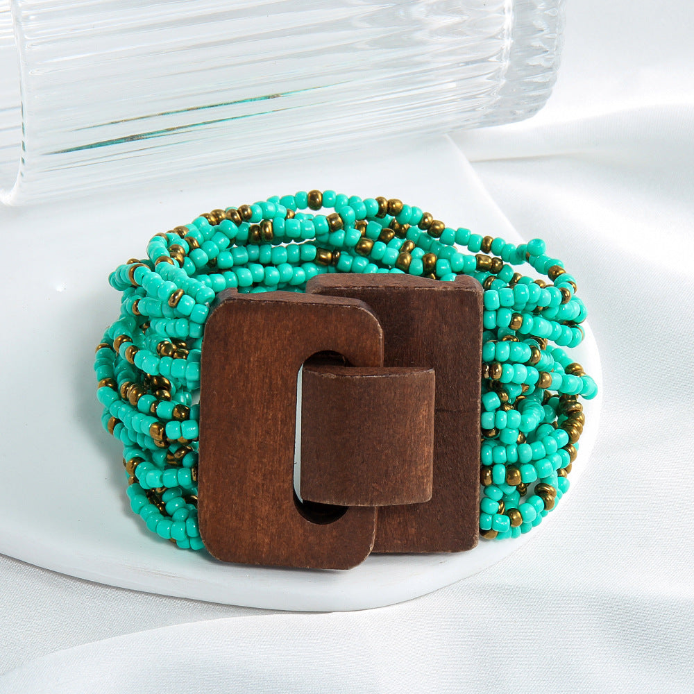 Elastic Multi-layer Rice-shaped Stringed Beads Wide Bracelet