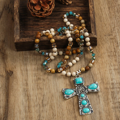 Cross Natural Stone Glass Knotted Necklace Personalized Trendy Sweater Chain