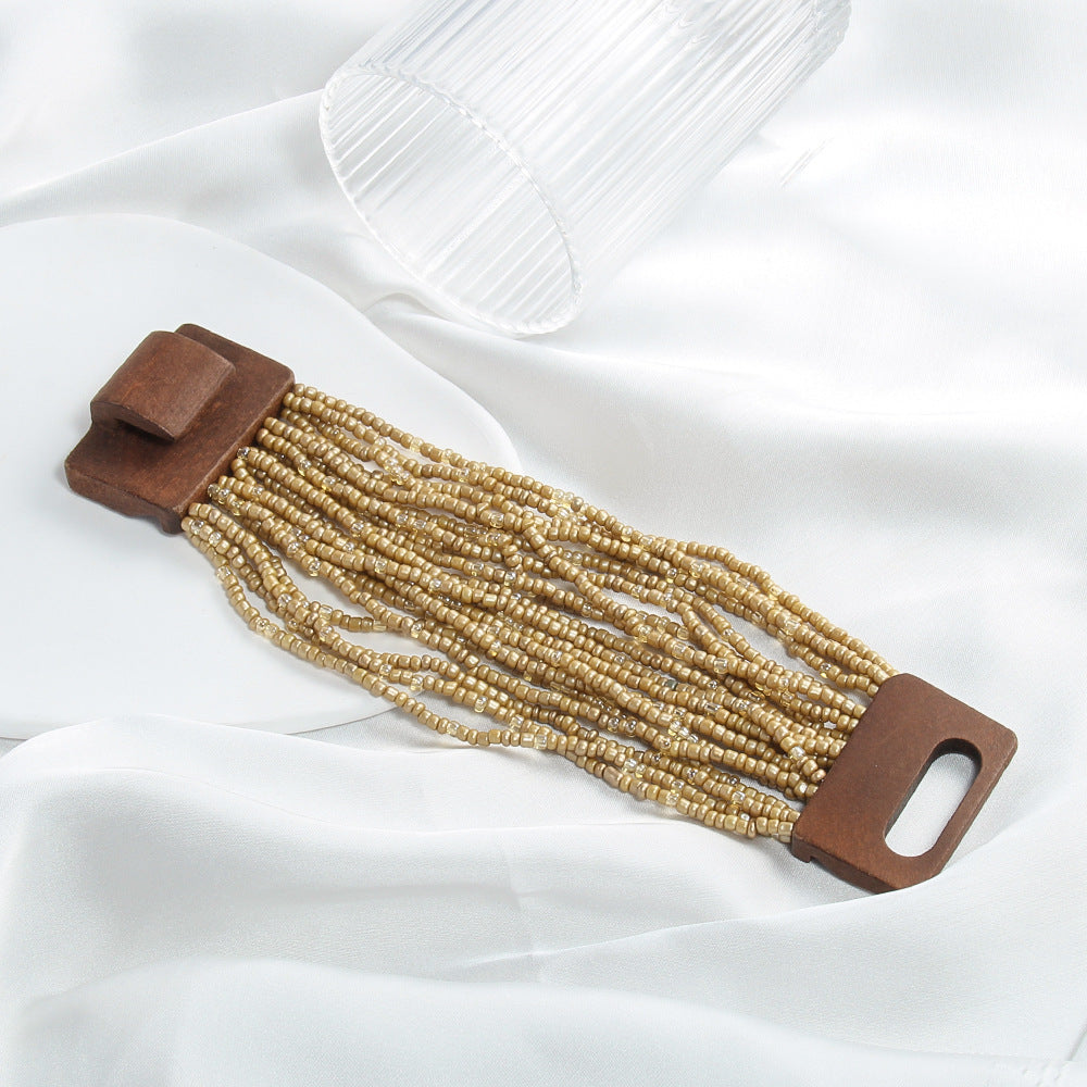 Elastic Multi-layer Rice-shaped Stringed Beads Wide Bracelet
