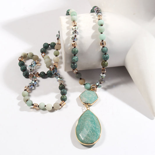 Natural Stone Glass Knotted Necklace Hexagonal Water Drop Stone Pendant Necklace