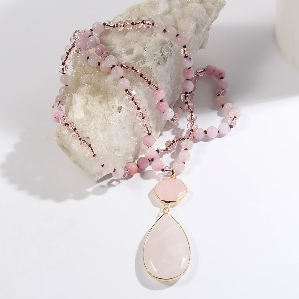 Natural Stone Glass Knotted Necklace Hexagonal Water Drop Stone Pendant Necklace