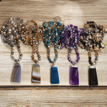 Bohemian Style Natural Semi-precious Stone Mixed Glass Square Agate Pendant Women's Sweater Chain