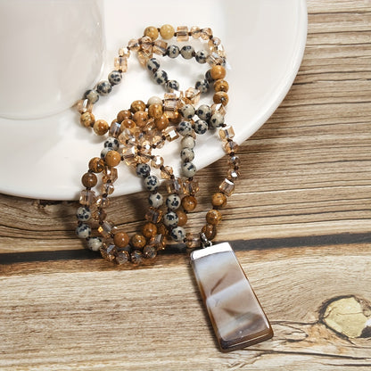 Bohemian Style Natural Semi-precious Stone Mixed Glass Square Agate Pendant Women's Sweater Chain