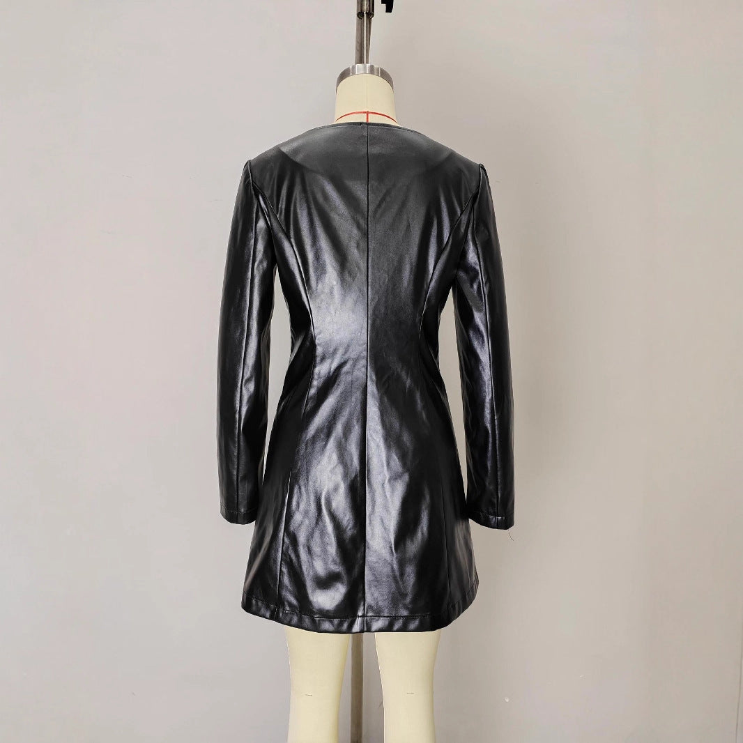 Elegant Fashionable Round Neck Long Sleeve Metal Button Waist Leather Coat