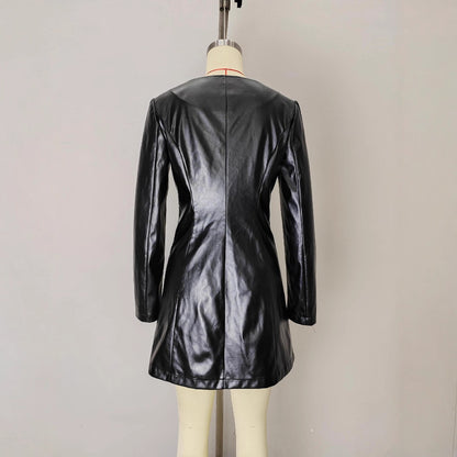Elegant Fashionable Round Neck Long Sleeve Metal Button Waist Leather Coat