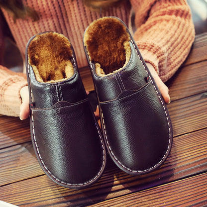 Pure Leather Thermal Cotton Slippers Couple Household Cowhide Waterproof