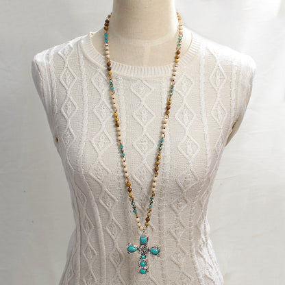 Cross Natural Stone Glass Knotted Necklace Personalized Trendy Sweater Chain