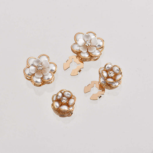 Creative Pearl Camellia Alloy Scarf Buckle set featuring elegant flower designs with faux pearls and rhinestones.