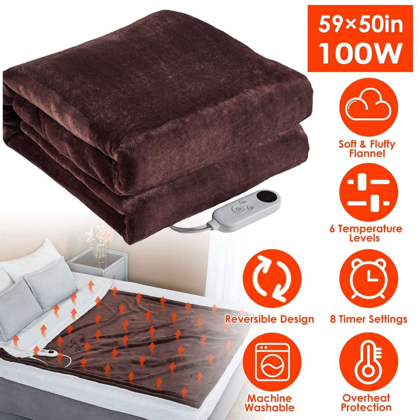 1Pc Electric Heated Flannel Throw Heated Blanket With 6 Heat Settings 1-8 Hours Auto Off Washable For Home Office Usage 59x50in