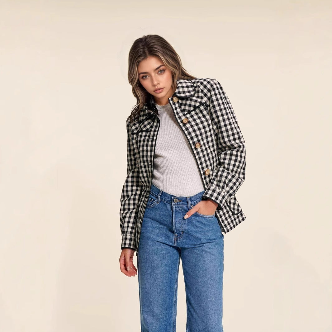Fashion Women's Wear Plaid Button Long Sleeve Coat