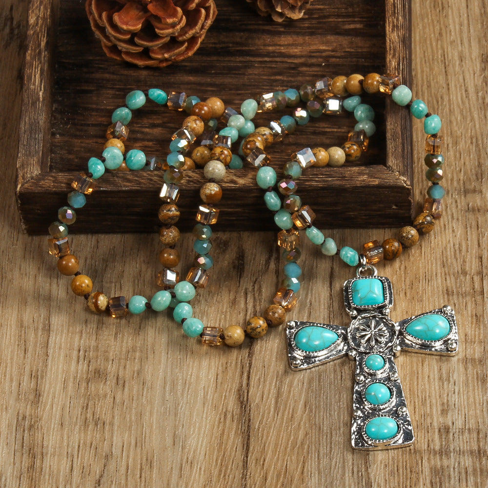 Cross Natural Stone Glass Knotted Necklace Personalized Trendy Sweater Chain