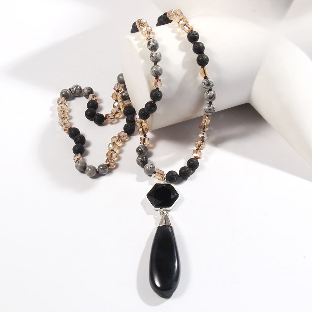 Natural Stone Glass Knotted Necklace Hexagonal Water Drop Stone Pendant Necklace