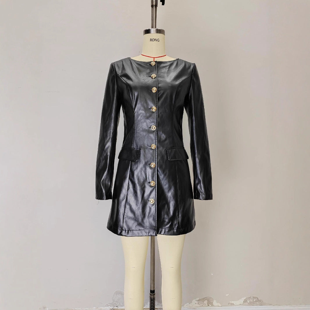 Elegant Fashionable Round Neck Long Sleeve Metal Button Waist Leather Coat